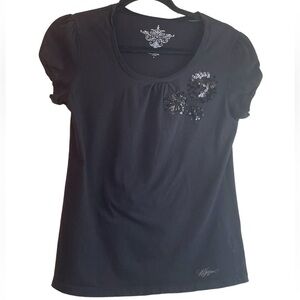Tommy Hilfiger woman’s‎ black short sleeve top w/sequin motif, size small